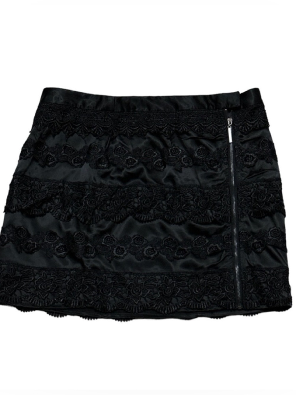 Satin Floral Lace & Embroidered Mini Skirt Full Front Exposed Zipper